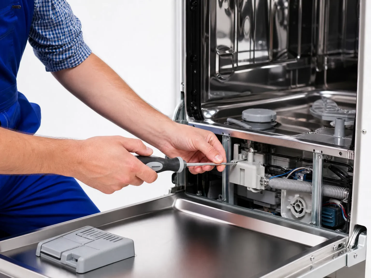 Appliance technician diagnosing a dishwasher