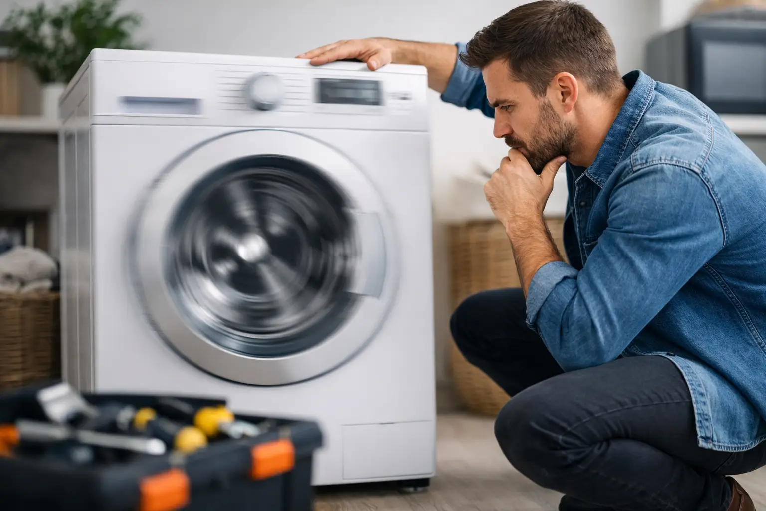 Illustrative photo of a technician checking a front-load washer