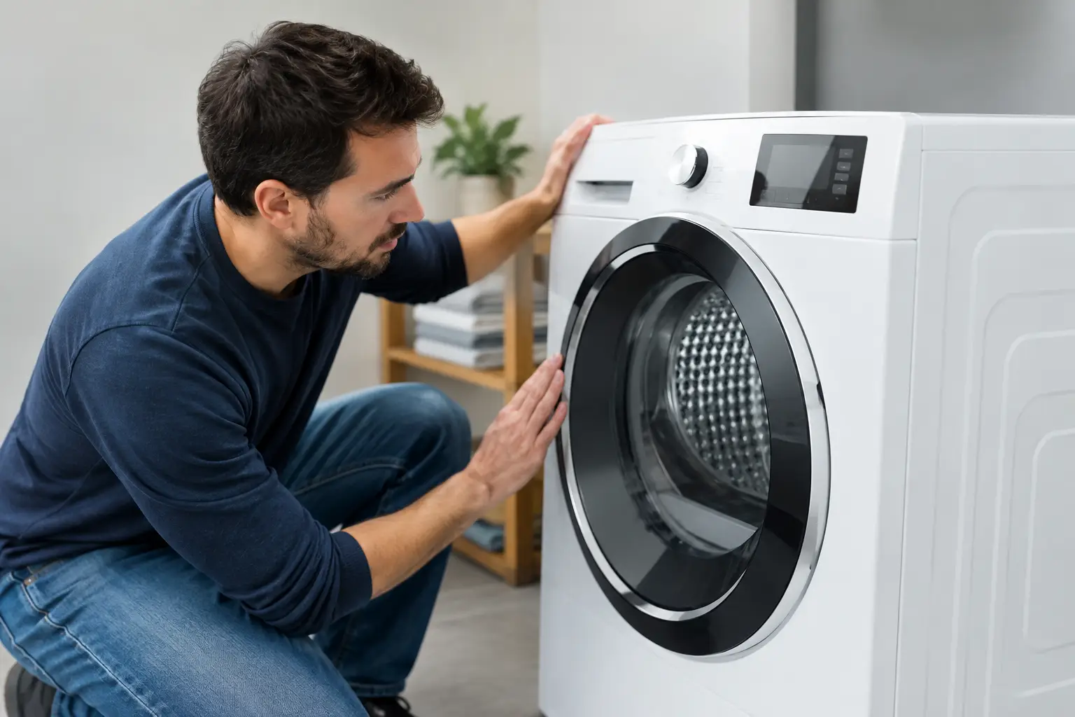 Illustrative photo of a technician checking a front-load washing machine
