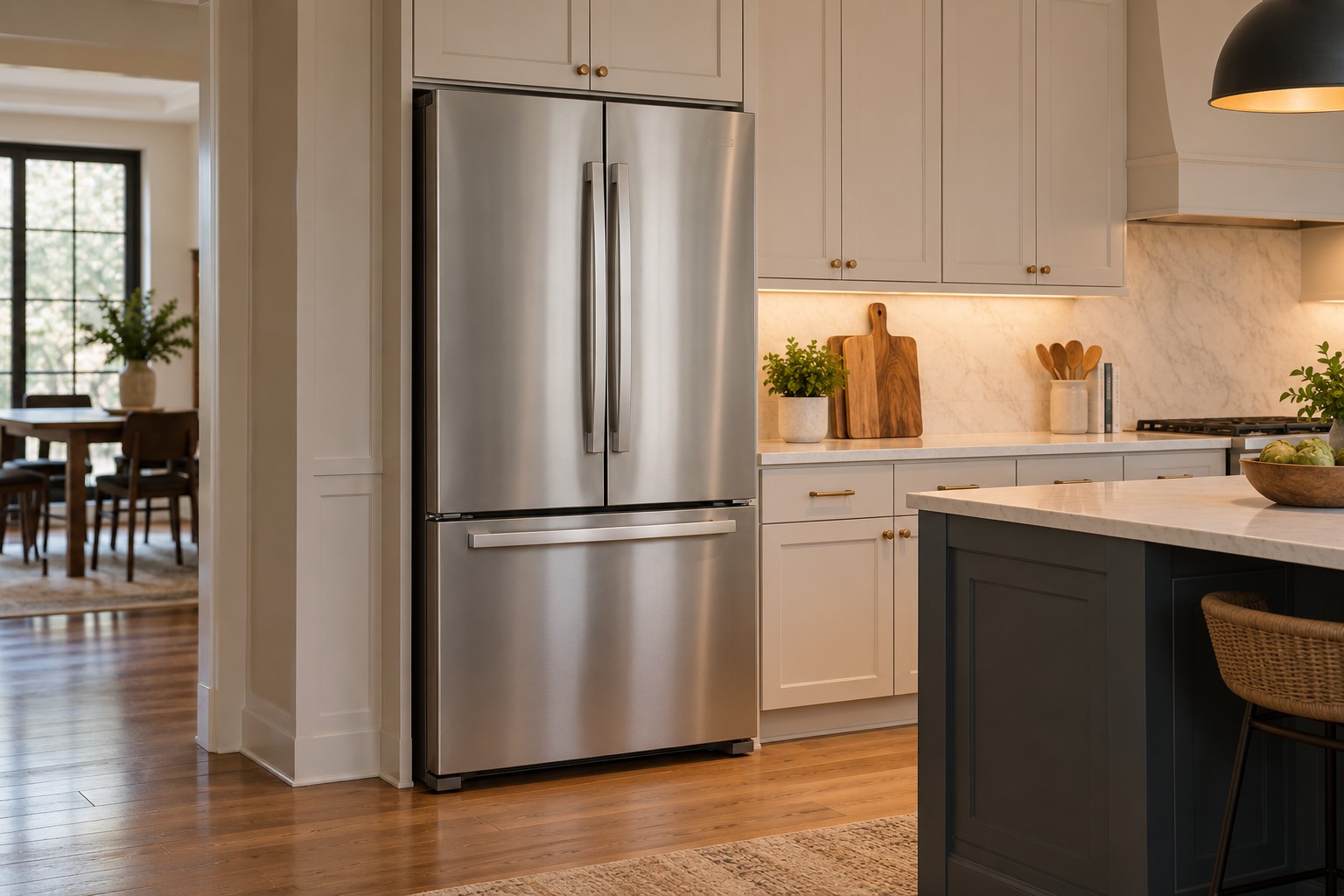 Illustrative photo of a residential French-door refrigerator