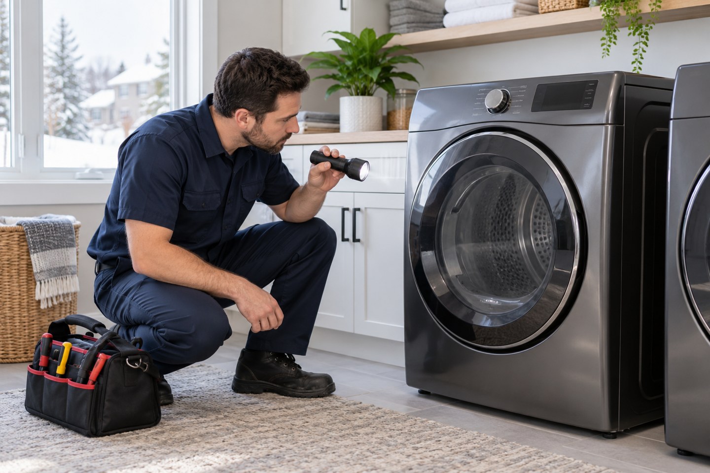 Illustrative photo of a technician inspecting a clothes dryer